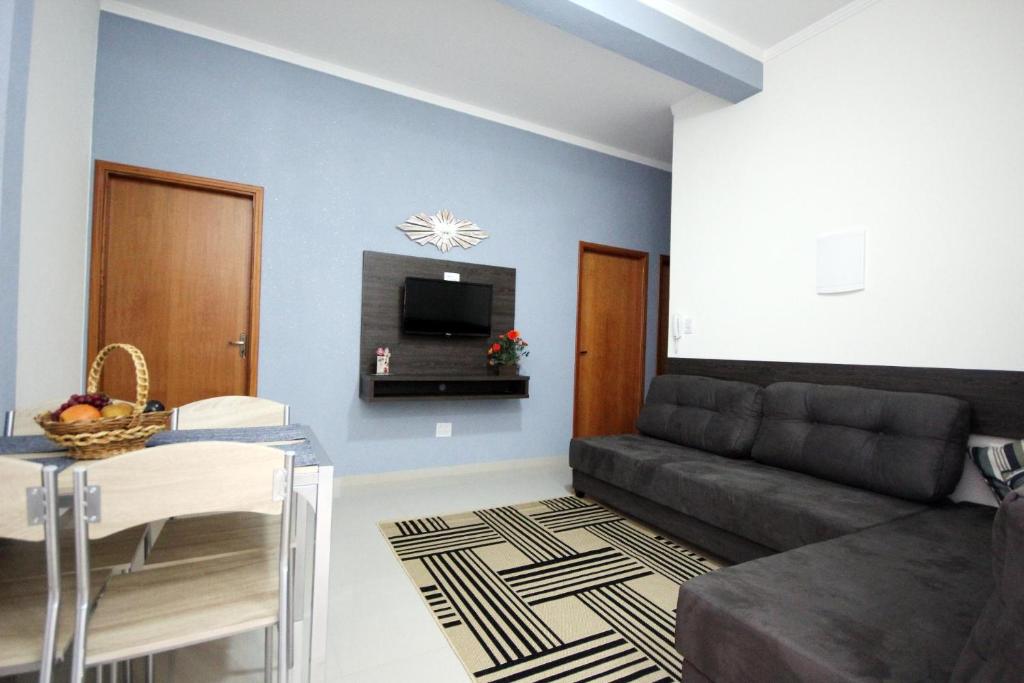 a living room with a couch and a tv at Casa Novo in Olímpia