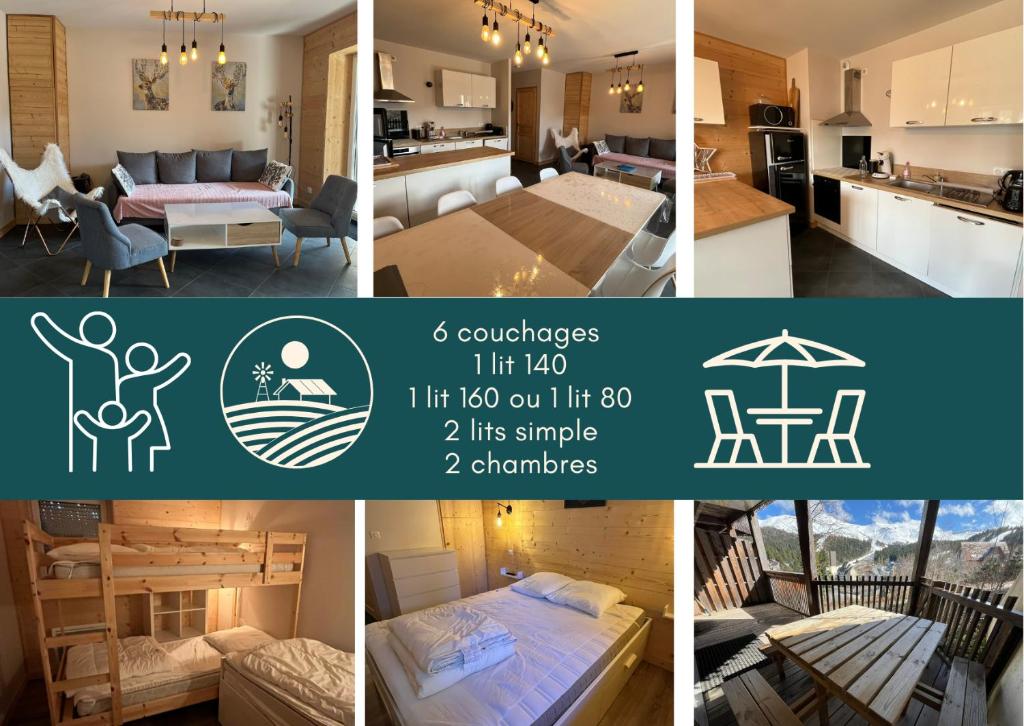 a collage of four pictures of a living room and a kitchen at Chalet au pied des pistes, le lioran, terrasse, 2 chambres, 4 lits in Laveissière