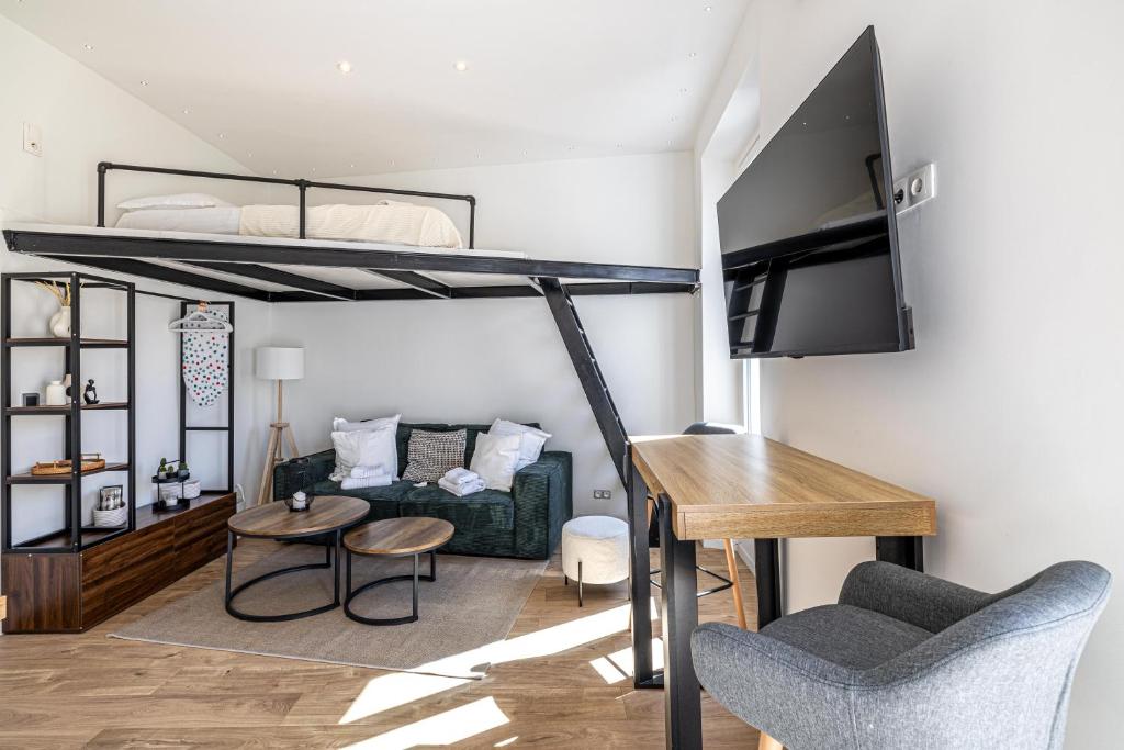 un salon avec un lit superposé et un canapé dans l'établissement 34 BORNIOL - Bel appartement rénové avec mezzanine Cannes, à Cannes