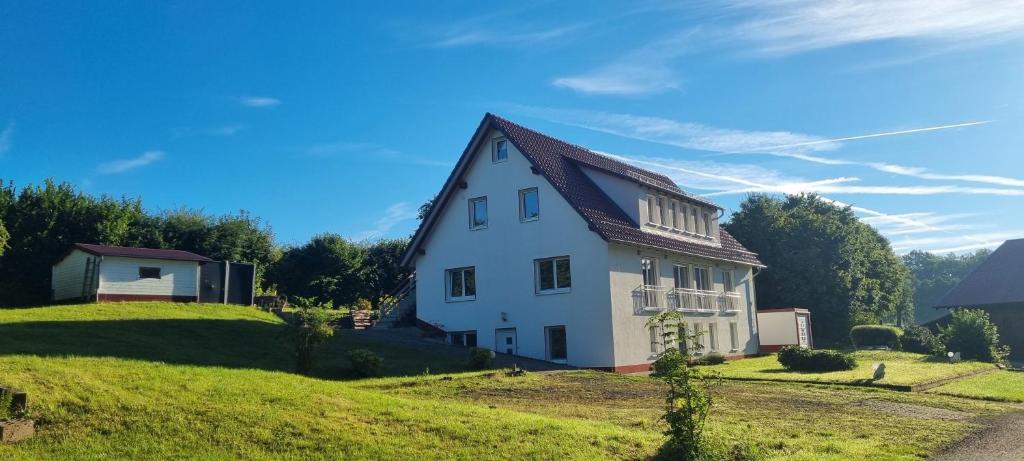 a white house on top of a grassy hill at Apartmenthaus Haus am Grün 2 "Sunshine" in Herzberg am Harz
