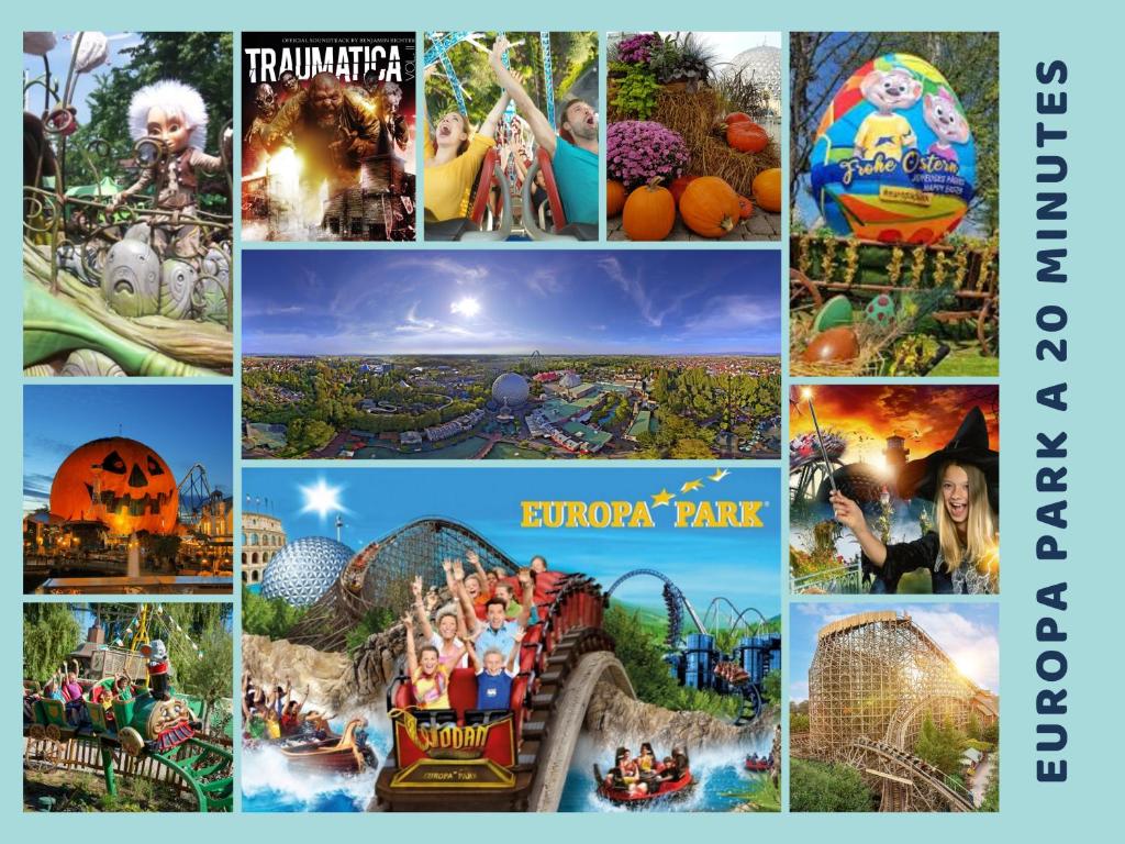 a collage of pictures of amusement parks at Bungalow pour 5 - TV - Clim - Terrasse ensoleillée in Boofzheim
