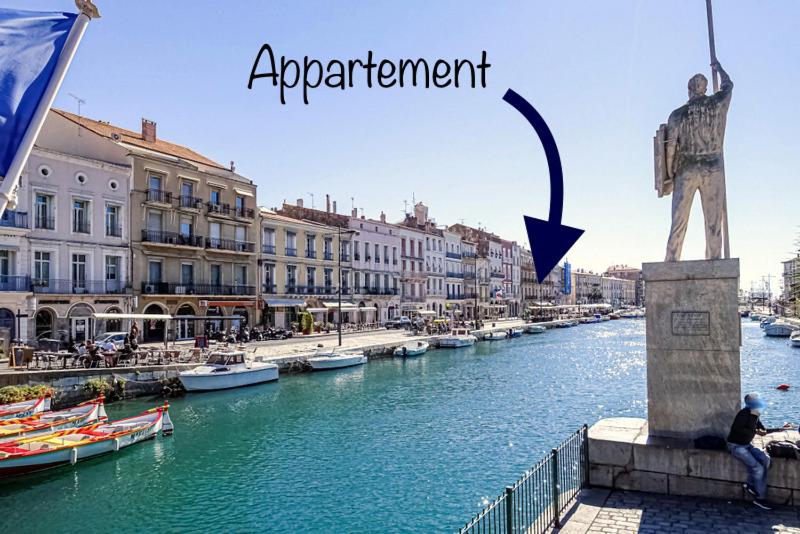 a statue of a man sitting next to a river with boats at Duplex Climatisé Cadre Royal in Sète