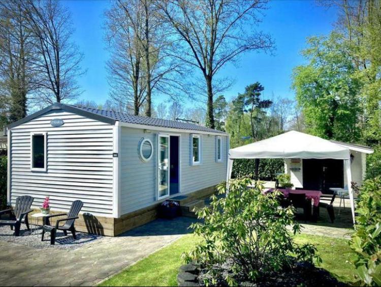 Mariënberg的住宿－Camping de Pallegarste Villa 141，一间白色的小房子,配有野餐桌和雨伞