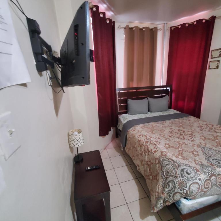 een slaapkamer met een bed en een tv aan de muur bij Timpson pl studio apartments in Port Morris