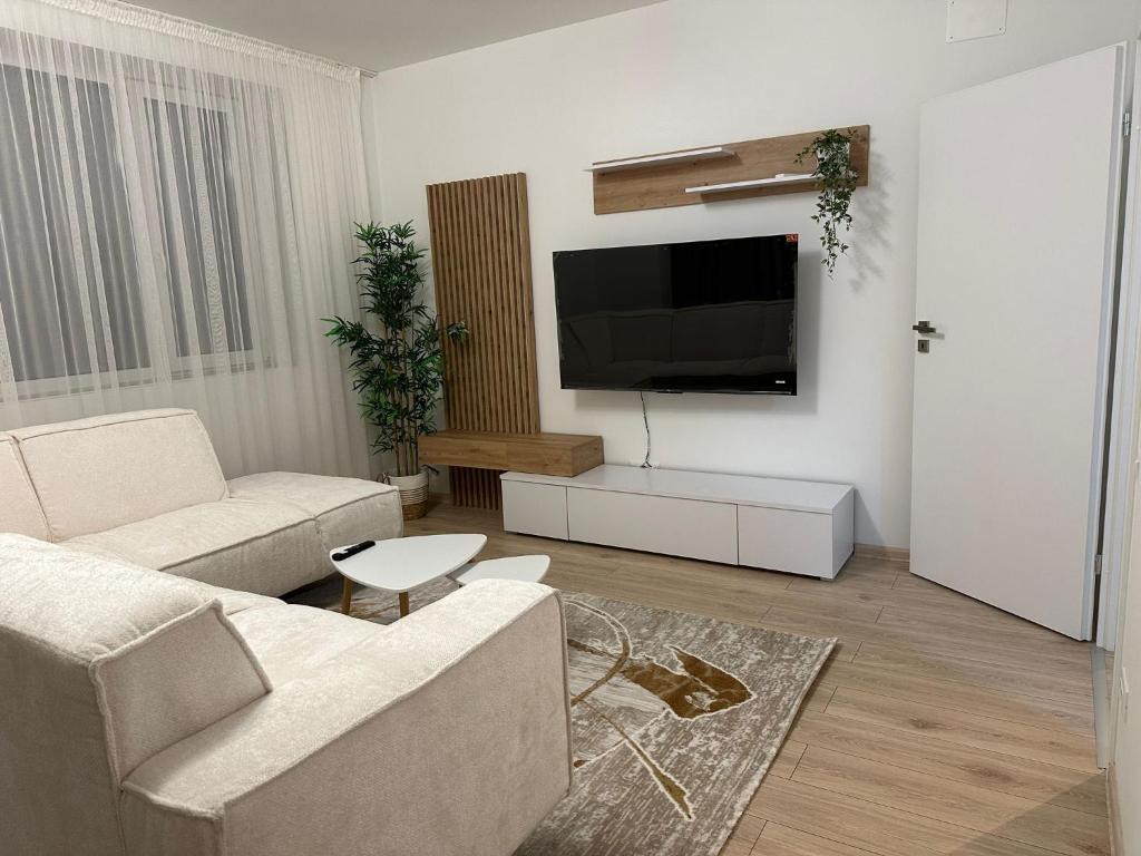 sala de estar con sofá y TV de pantalla plana en Celine's Apartment, en Constanţa