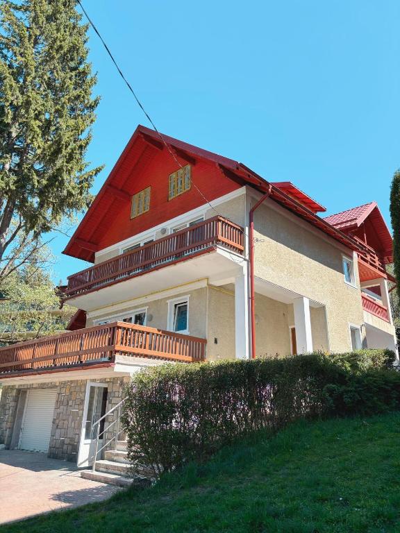 布什泰尼Luna House Busteni的一座大型房屋,设有红色屋顶和楼梯