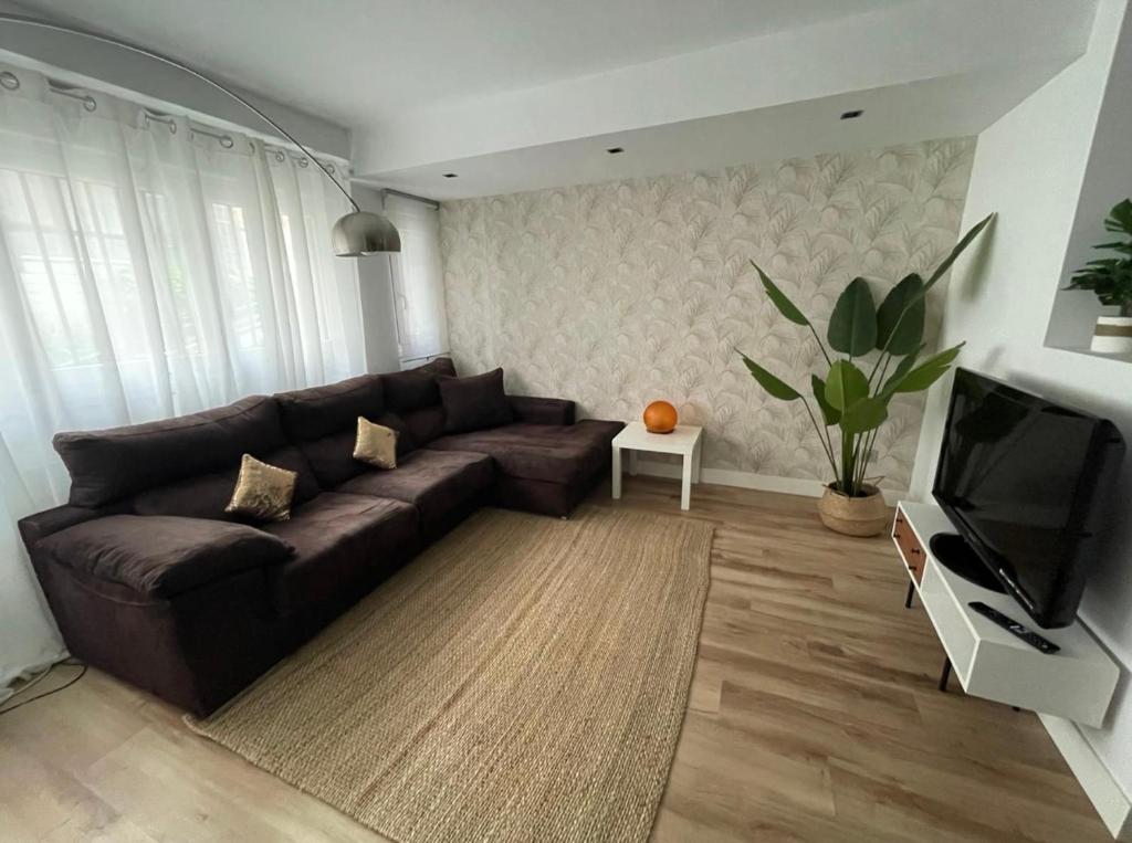 sala de estar con sofá marrón y TV en Kukis Duplex Beach near Bilbao, en Getxo