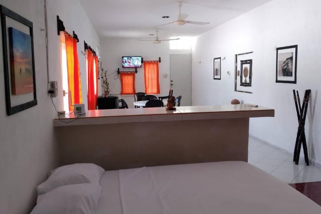 1 dormitorio con 1 cama y sala de estar en Departamento Grande los Caracoles 1, en Dzilam de Bravo