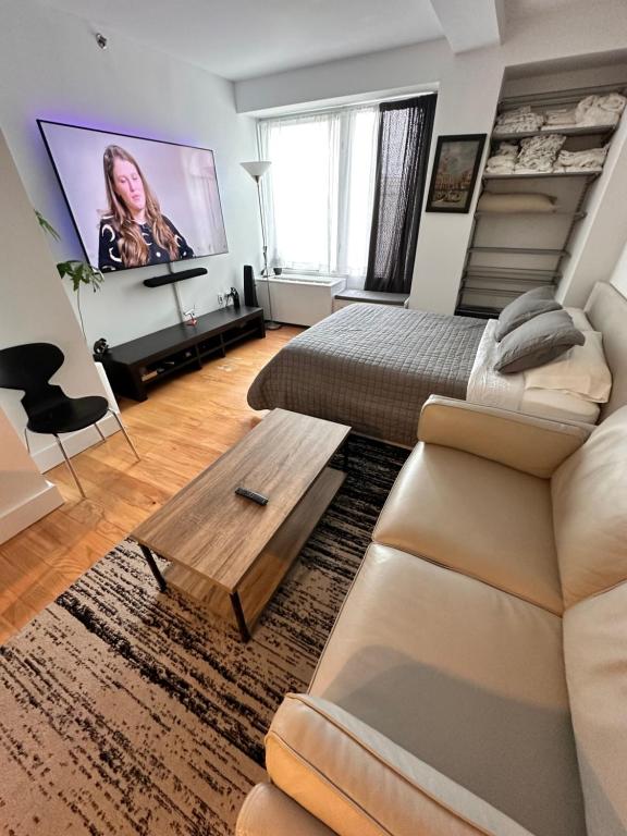 sala de estar con sofá y TV de pantalla plana en NY studio en Nueva York