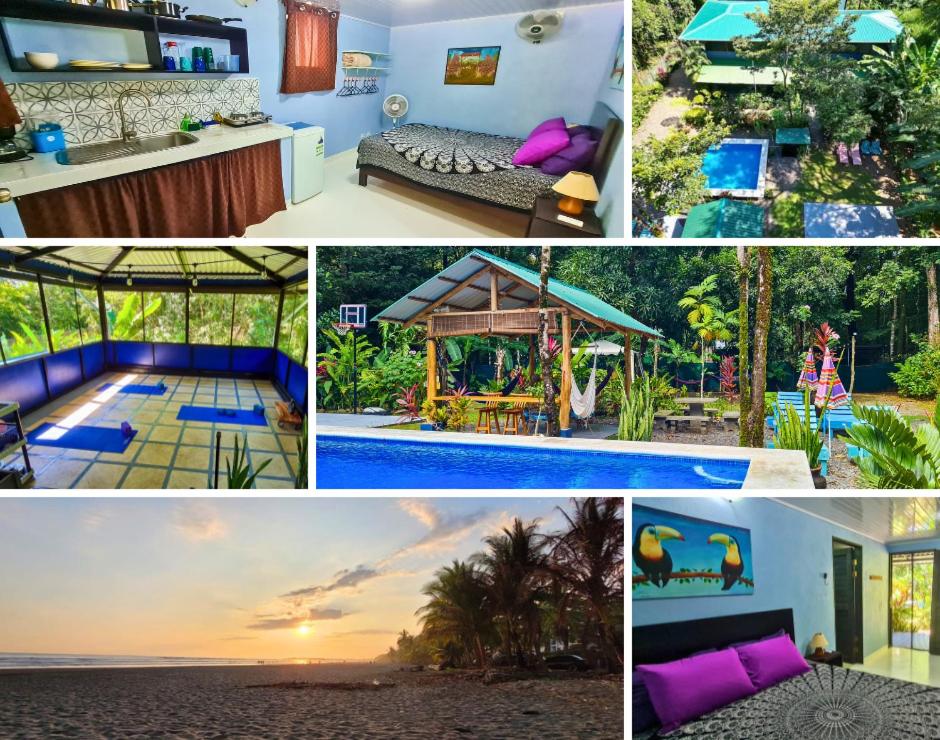 un collage de cuatro fotos de una casa en Cabina Azul in Bejuco Beach with queen bed but no air conditioning, en Bejuco