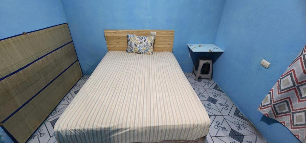 a small bedroom with a bed in a blue room at Jaguar long-stay Guest House in Ciudad Vieja in Ciudad Vieja