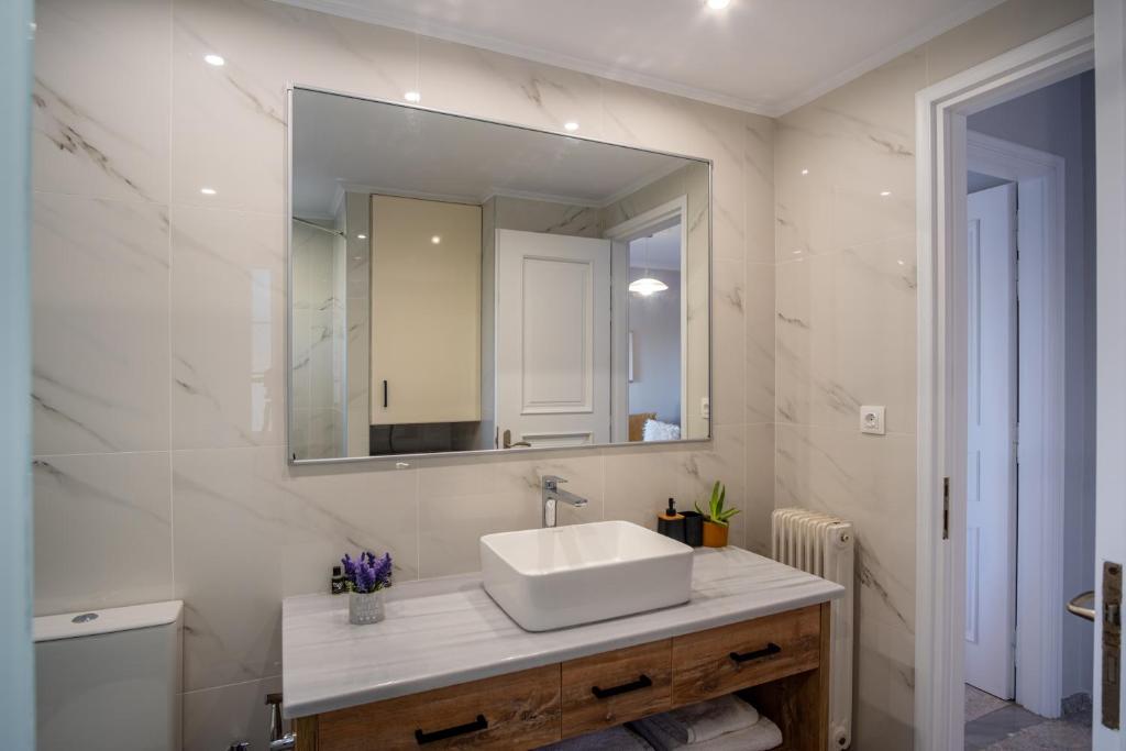 a bathroom with a sink and a mirror at Stefano's Home in Potokáki
