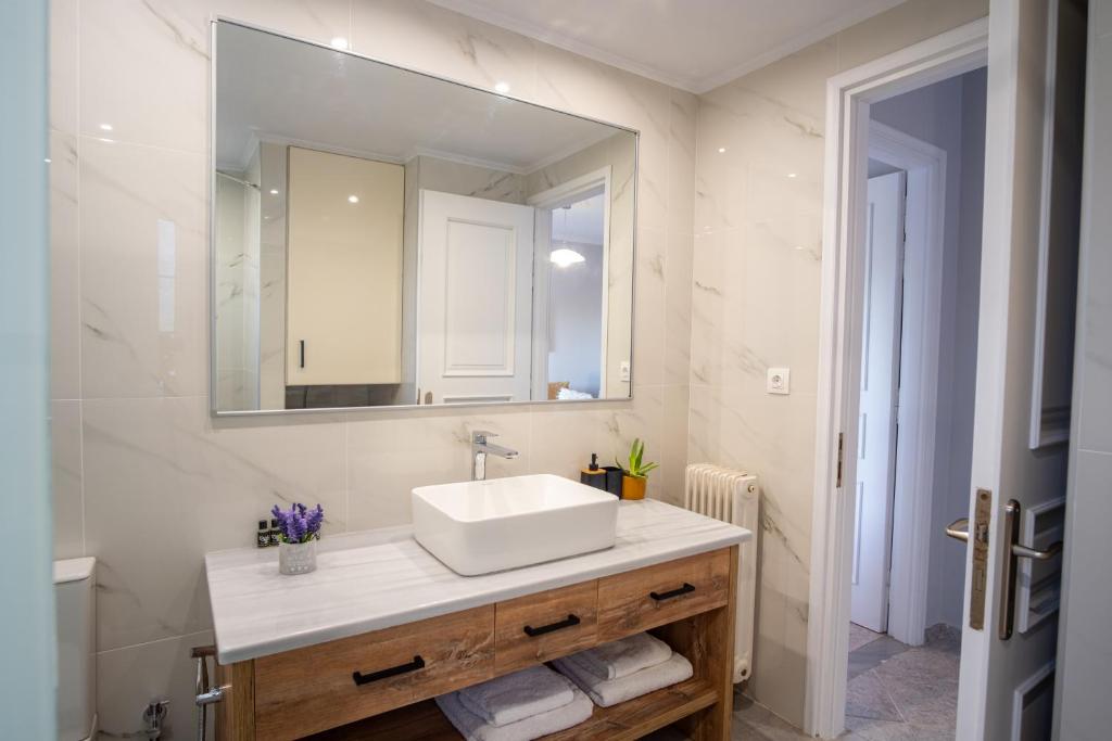 a bathroom with a white sink and a mirror at Stefano's Home in Potokáki