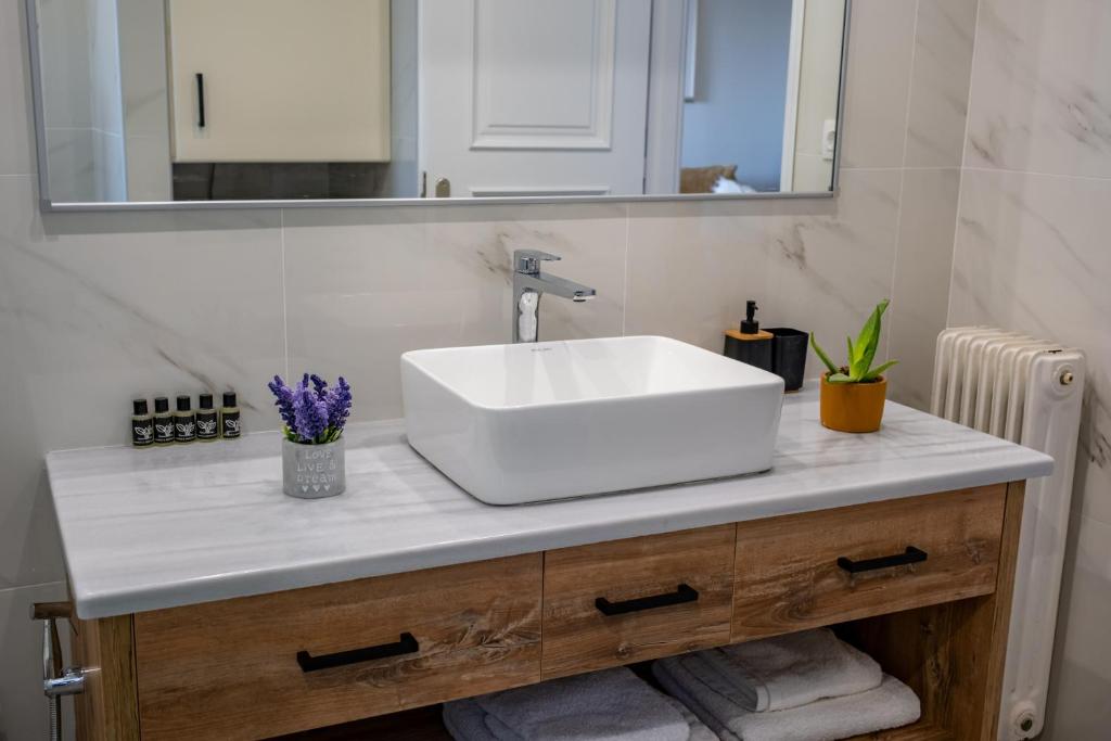 a bathroom with a white sink and a mirror at Stefano's Home in Potokáki