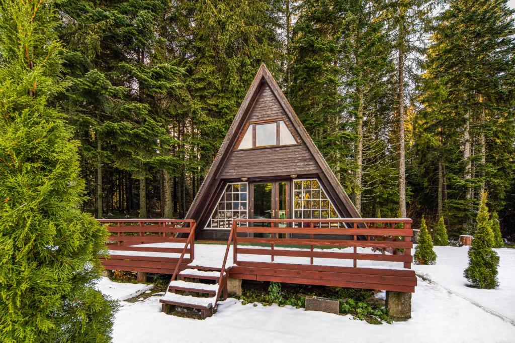 eine kleine Hütte mit zwei Bänken im Schnee in der Unterkunft Chalet Musala in Borowez