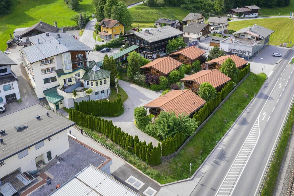 an aerial view of a small town with houses at Chalets Almdorf Zillertal F gen in Fügen