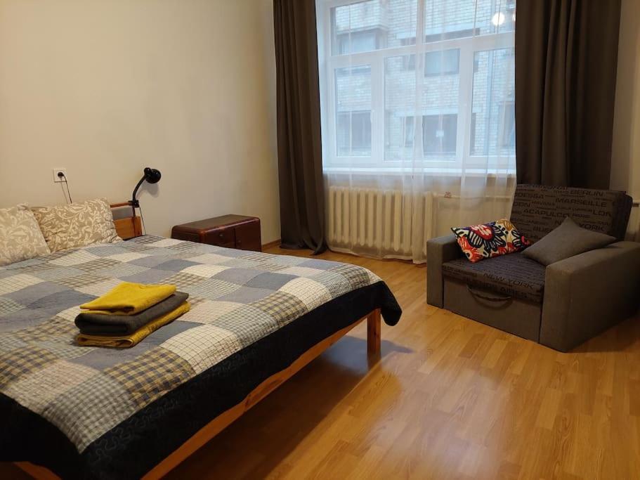 a bedroom with a bed and a couch and a window at Bright spacious apartment with street parking in Rīga