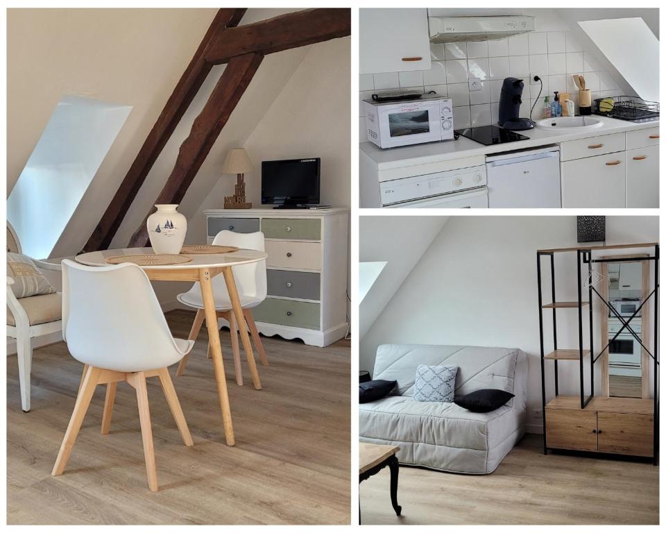 une cuisine et une salle à manger avec une table dans l'établissement Studio lumineux proche du centre-ville, à Étaples