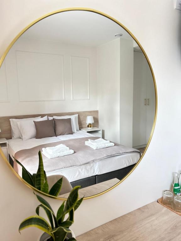a bedroom with a large mirror on the wall at Rezydencja Leśniów in Żarki
