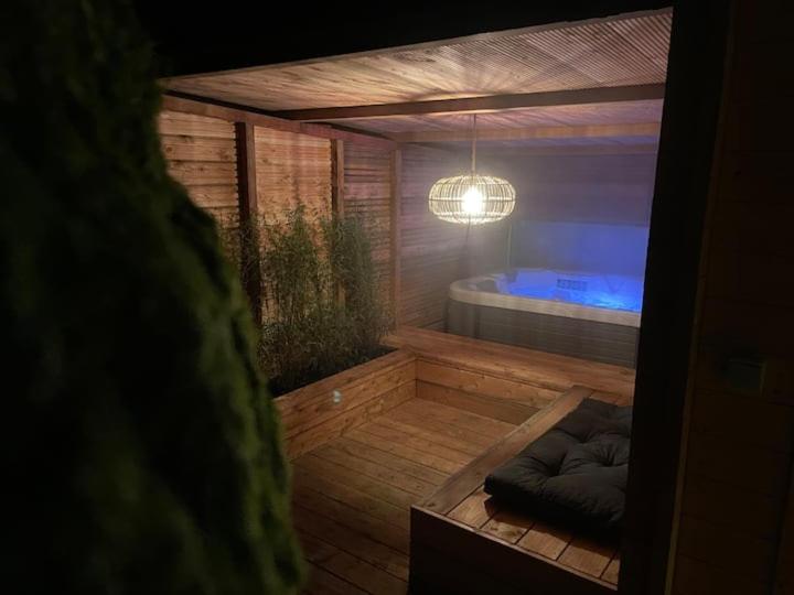 um quarto com uma banheira com uma cama em Cabane bien belge avec cinéma et jacuzzi em Lasne