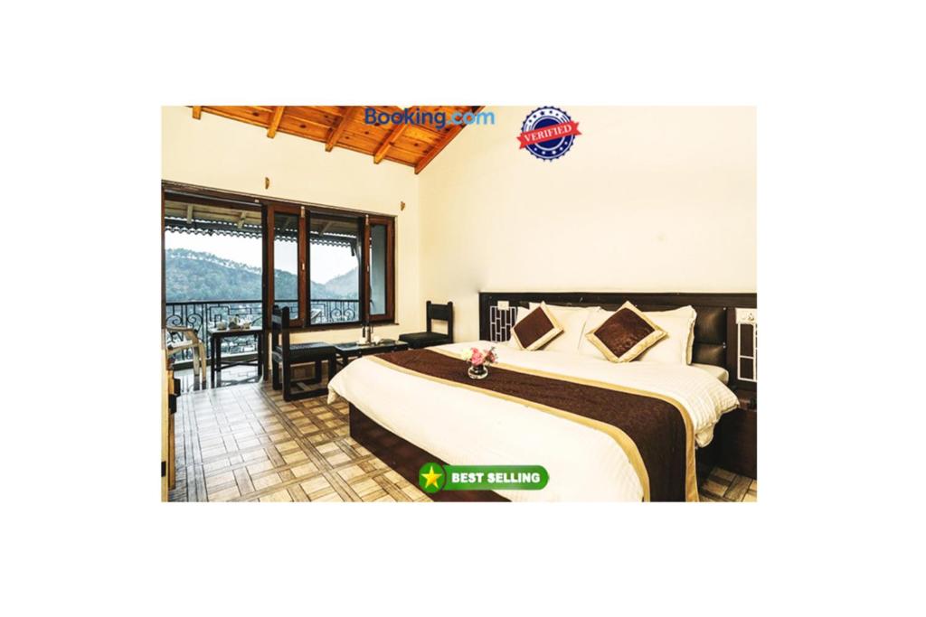 a bedroom with a large bed and a dining room at Hotel Sapphire Inn Bhimtal, Kaichi Dham - Parking Facilities - Best Luxury Hotel in Nainital in Nainital