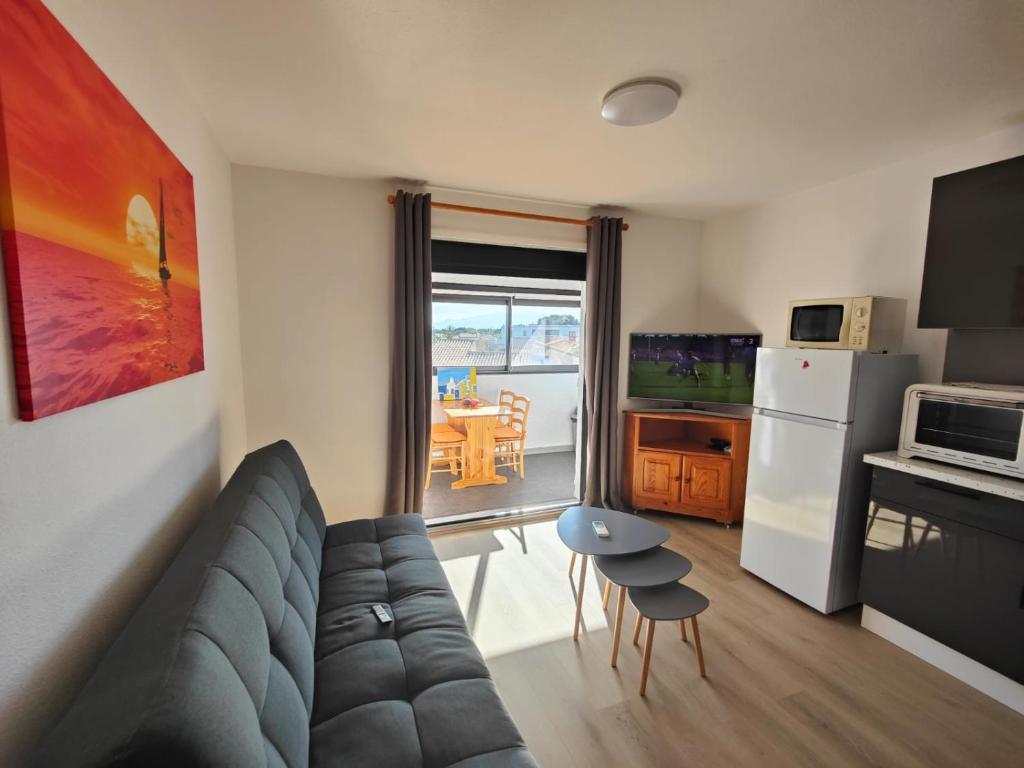 un salon avec un canapé et une cuisine dans l'établissement Appartement cosy proche port, plages et montagnes., à Saint-Cyprien