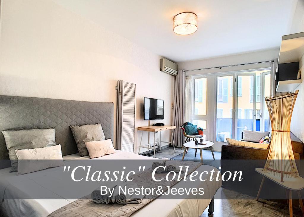 a bedroom with a bed and a living room at Nestor&Jeeves - NEVADA SUITE - Central - Close sea in Nice