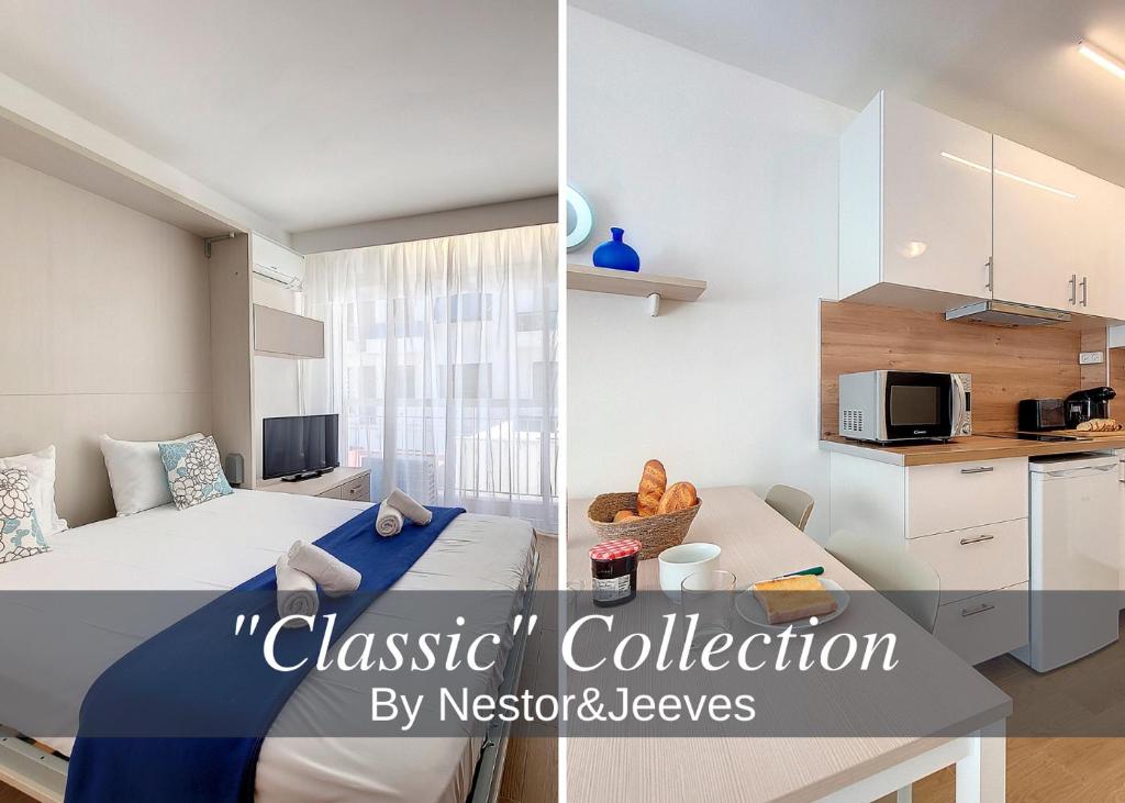 une petite chambre avec un lit et une cuisine dans l'établissement Nestor&Jeeves - THAIS BEACH - Central - Very close sea - Pedestrian zone, à Nice