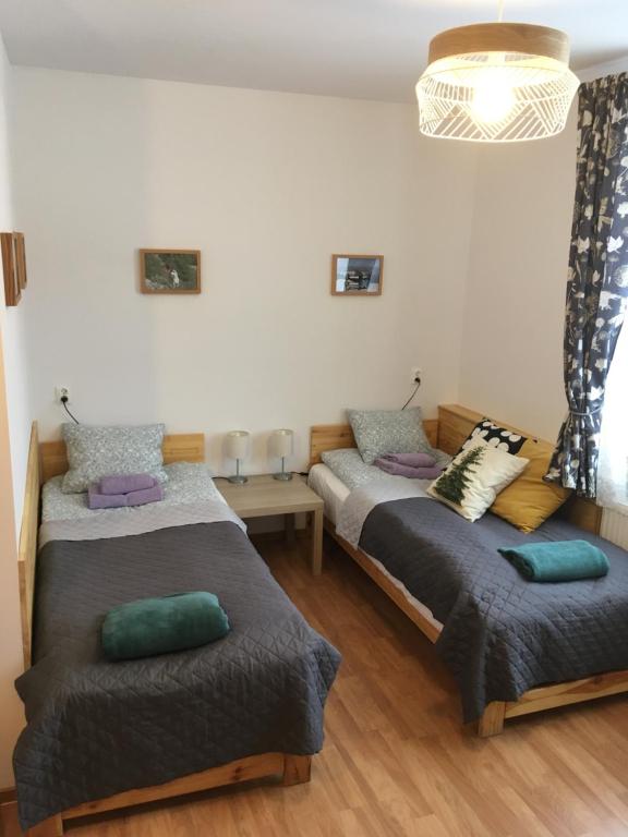 um quarto com duas camas e um lustre em Willa Bieńkula przy gondoli em Szczyrk