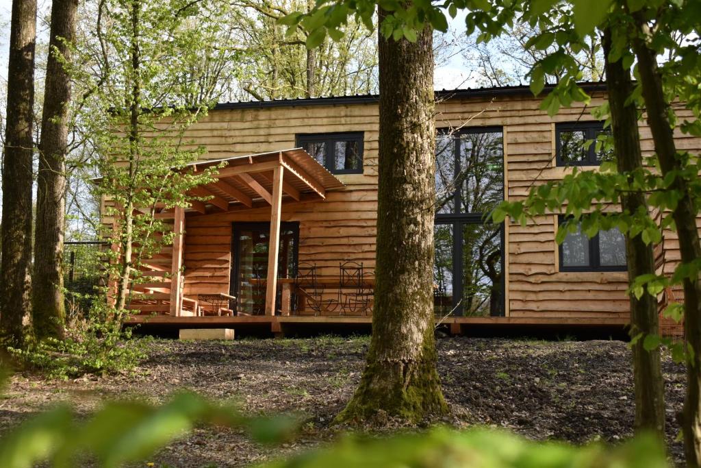 une cabane en rondins avec une terrasse couverte dans les bois dans l'établissement Gite cocon dans la forêt, à Philippeville