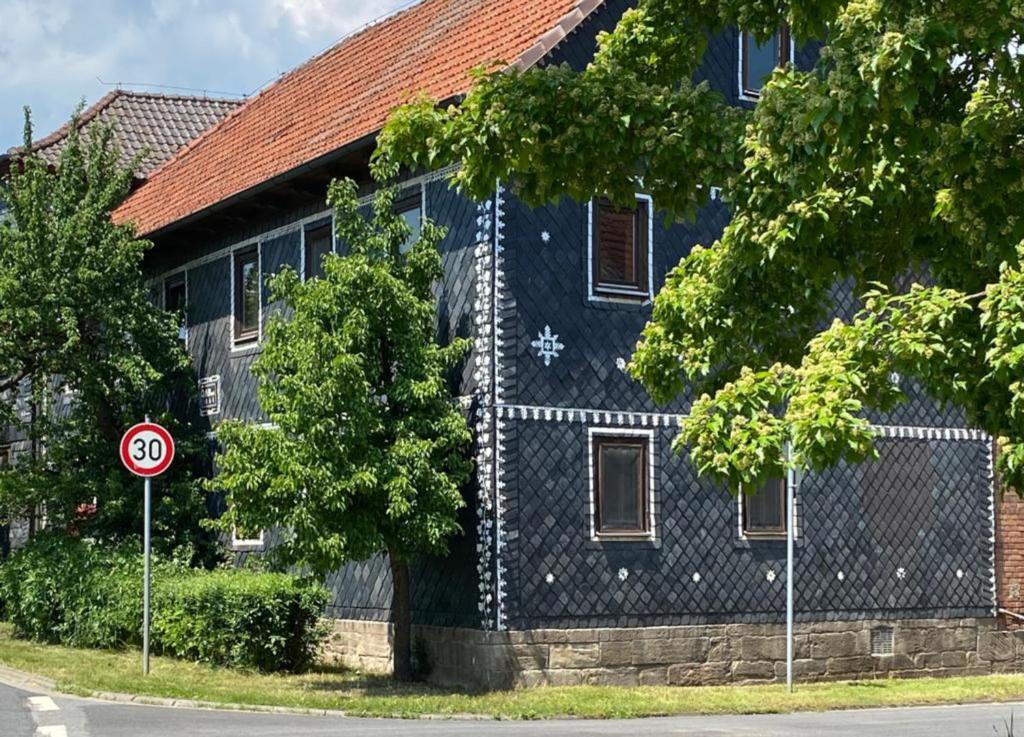 a blue building with a star painted on the side of it at BirnenhofArts in Bad Rodach