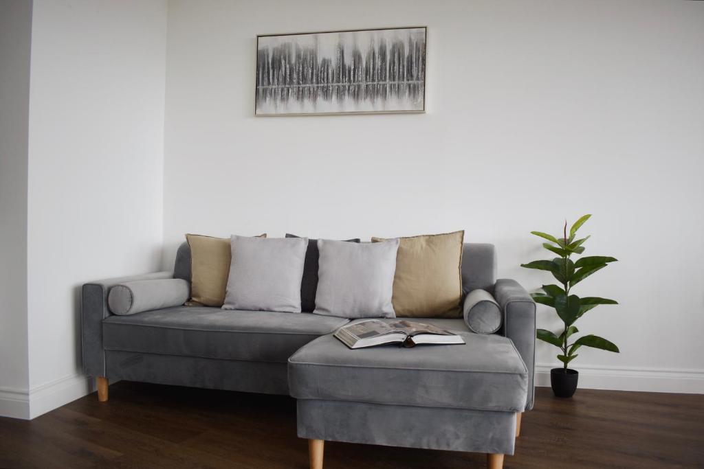 a grey couch in a living room with a plant at Amazing 2BR in Brentwood in Brentwood