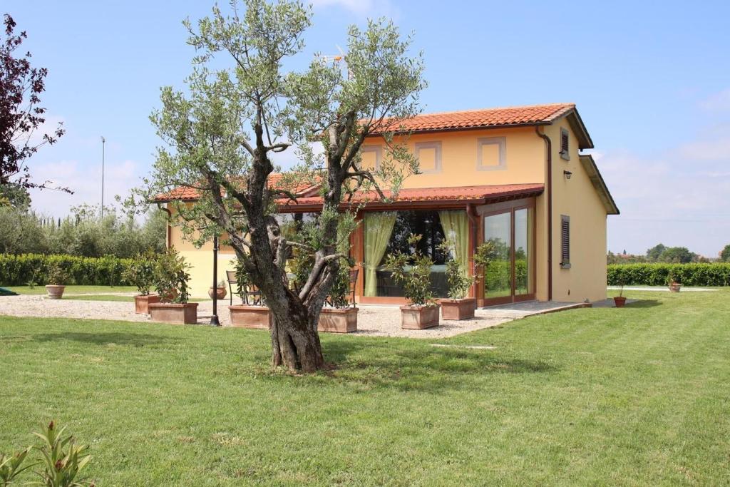una pequeña casa amarilla con un árbol en el patio en Villa Mira, en Cortona