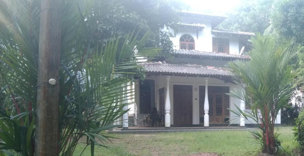 a white house with palm trees in front of it at Quiet Nature Villa in Weligama