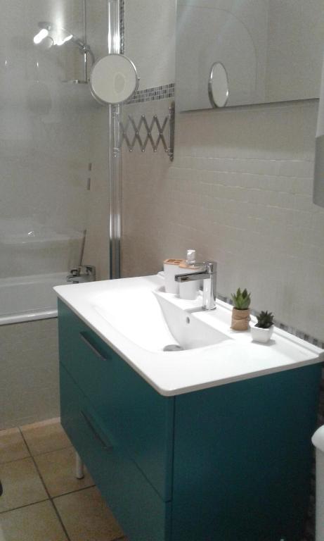 La salle de bains est pourvue d'un lavabo blanc et d'une douche. dans l'établissement Studio - MARINA 6, à Saint-Jean-de-Monts