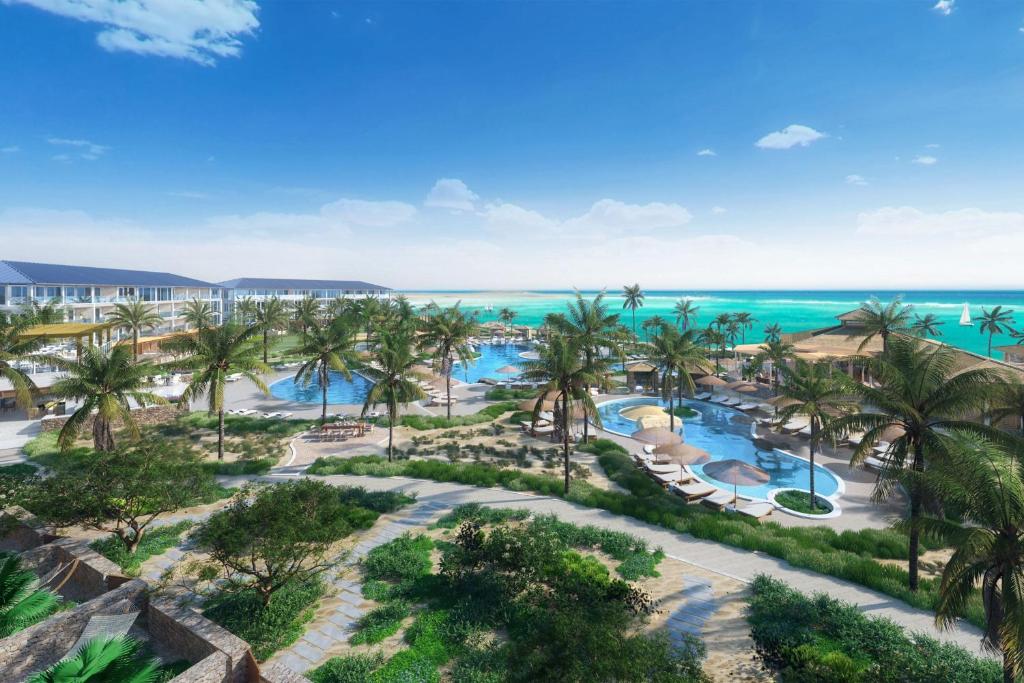 Cockburn HarbourにあるSalterra, a Luxury Collection Resort & Spa, Turks & Caicos のヤシの木と海の空中を望むリゾートです。