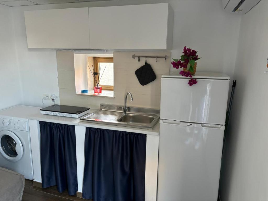 een kleine keuken met een wastafel en een koelkast bij Mareluna Rooms in Margherita di Savoia