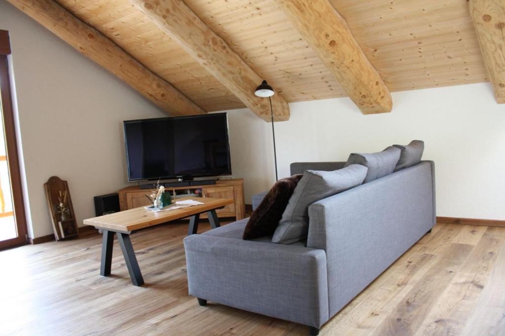a living room with a couch and a tv at Waldzeit Lodge - Ferienwohnung Eule in NeuhÃ¼tten