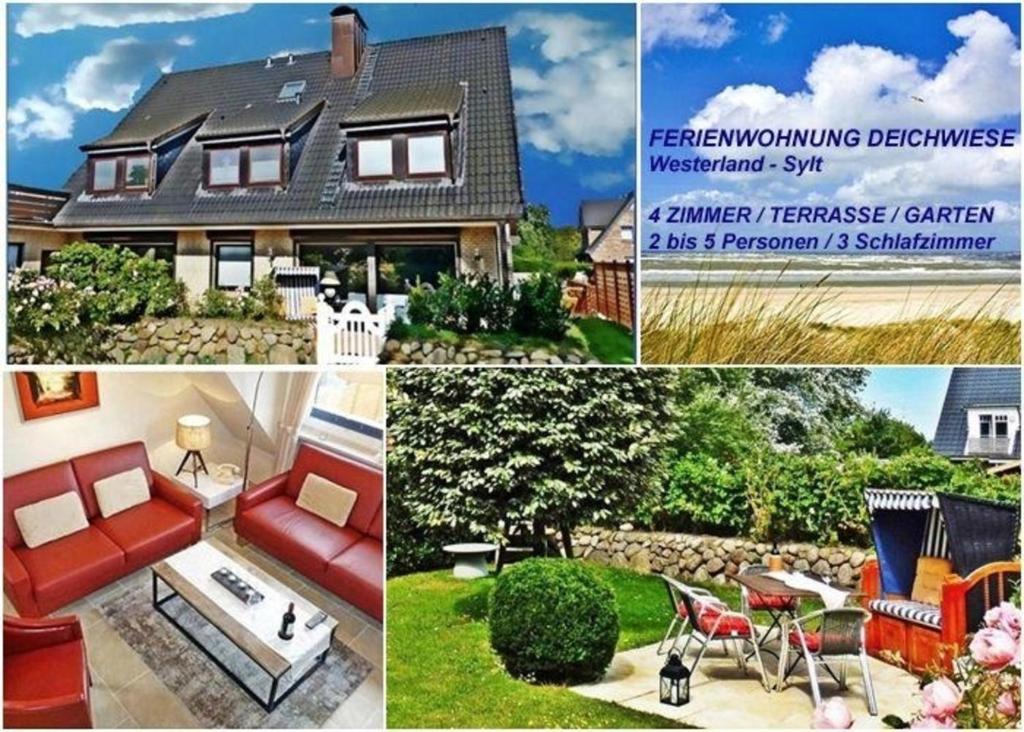 eine Collage mit vier Bildern eines Hauses in der Unterkunft FERIENWOHNUNG DEICHWIESE WESTERLAND-SYLT 4 ZimmerTerrasseGarten3 Schlafzimmer in Süderende