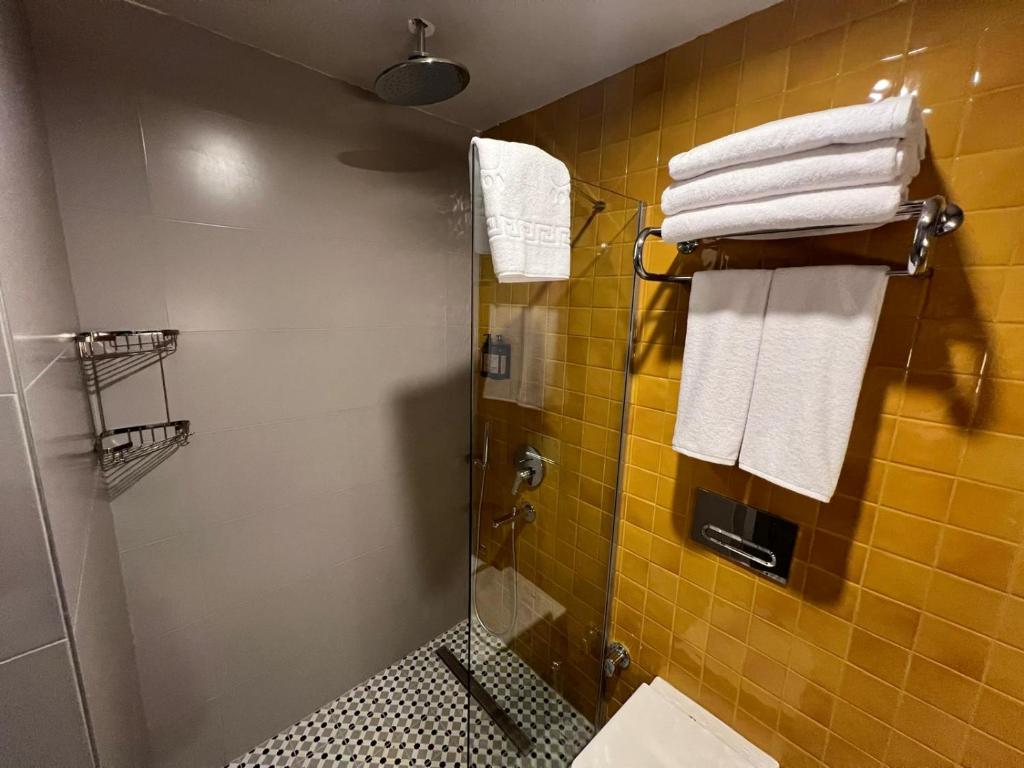 a bathroom with a shower with towels on a wall at Weingart Suites Hotel in Istanbul