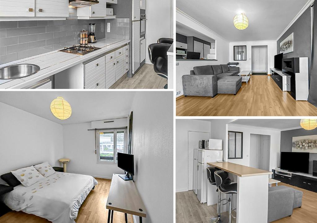 drie verschillende uitzichten op een keuken en een woonkamer bij Le Lumineux - Proche centre-ville et Atlantis in Saint-Herblain