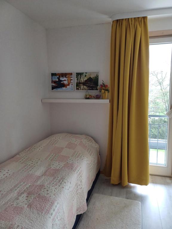 1 dormitorio con cama y cortina amarilla en Apartment Flughafen Leipzig, en Hayna