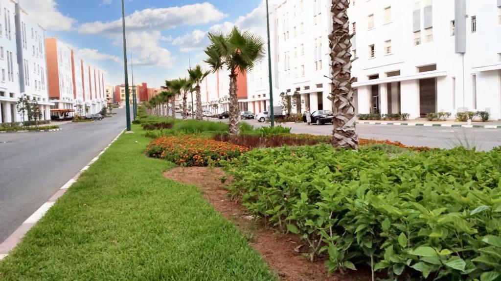una calle con edificios y plantas al lado de una carretera en 2 bedrooms apartement with garden at Kenitra, en Kenitra