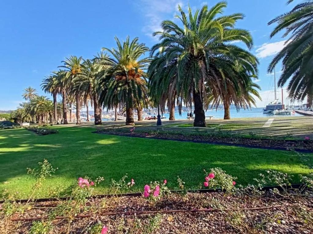 a park with palm trees and the ocean in the background at La Casa Nel Bosco in Beverino