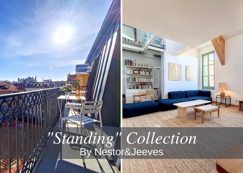 ein Wohnzimmer und ein Balkon in der Unterkunft Nestor&Jeeves - NICE TO MEET YOU - Central - Top floor in Nizza