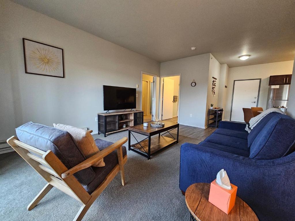 sala de estar con sofá azul y TV en HUGE Apartment, 2 Bedroom, 2 Bathroom, Park Free, en Rochester