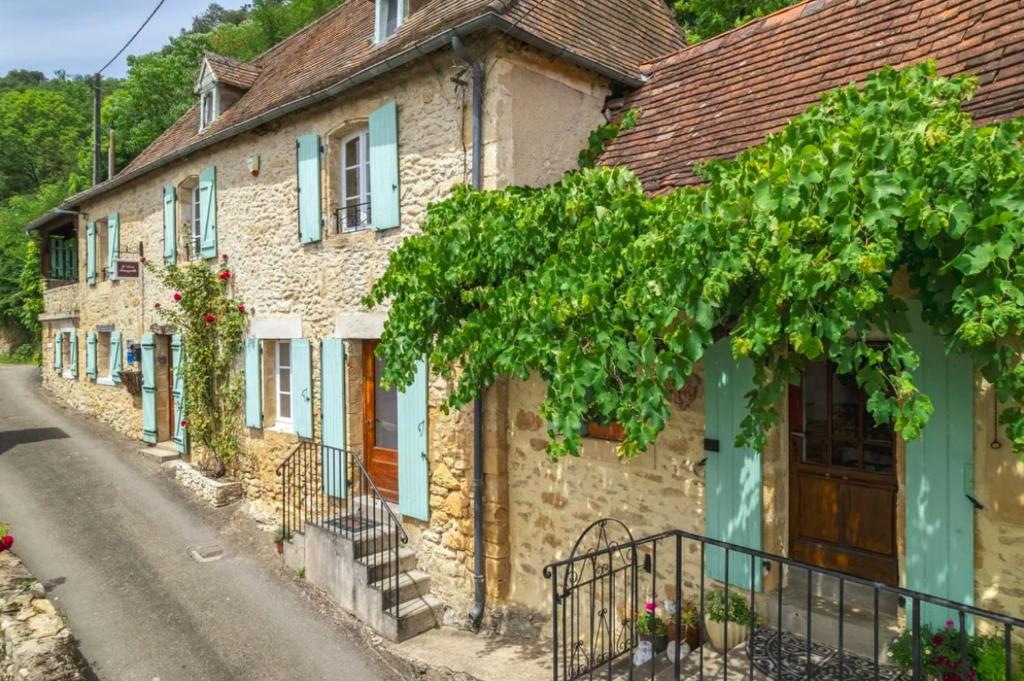 Une rangée de maisons en pierre avec des vignes sur elles dans l'établissement Le Coin Tranquille, à La Roque-Gageac