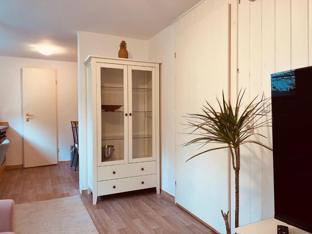 a living room with a white cabinet and a plant at Cosy Appartement Zentral in Cologne