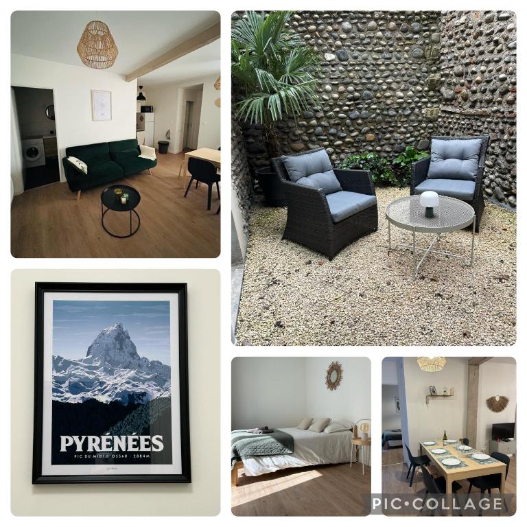 un collage de photos d'un salon avec une montagne dans l'établissement Le patio : Appartement chic 3 chambres au cœur de Pau, à Pau