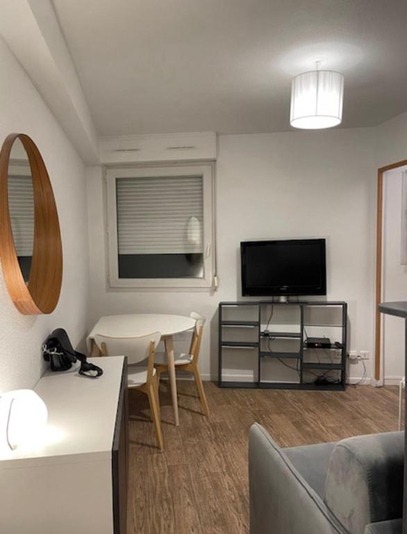 un salon avec une table et une télévision dans l'établissement Cosy Studio 16m2, à Lyon